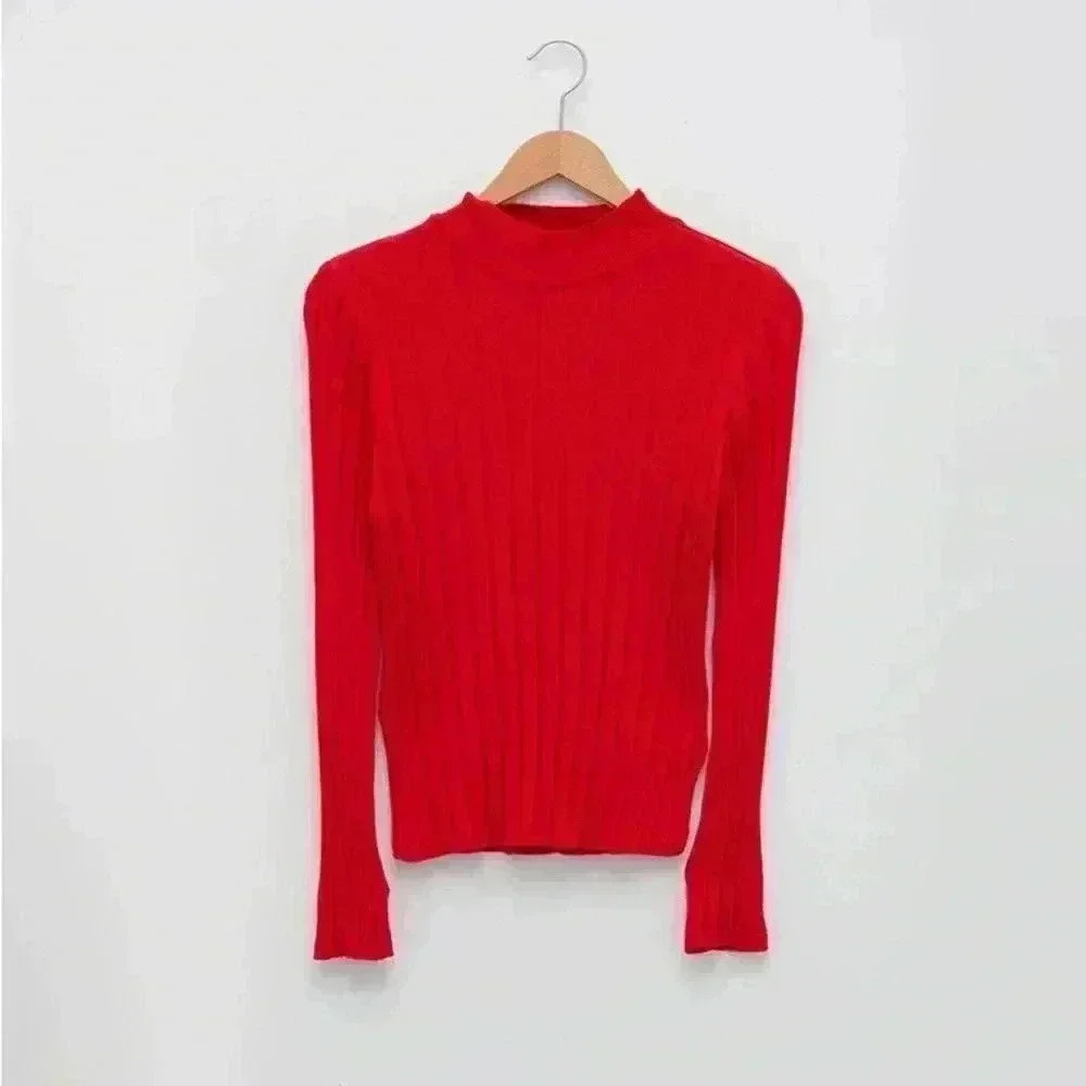 LC Waikiki Mock Neck Red Long Sleeve Sweater with Shoulder Button Detail